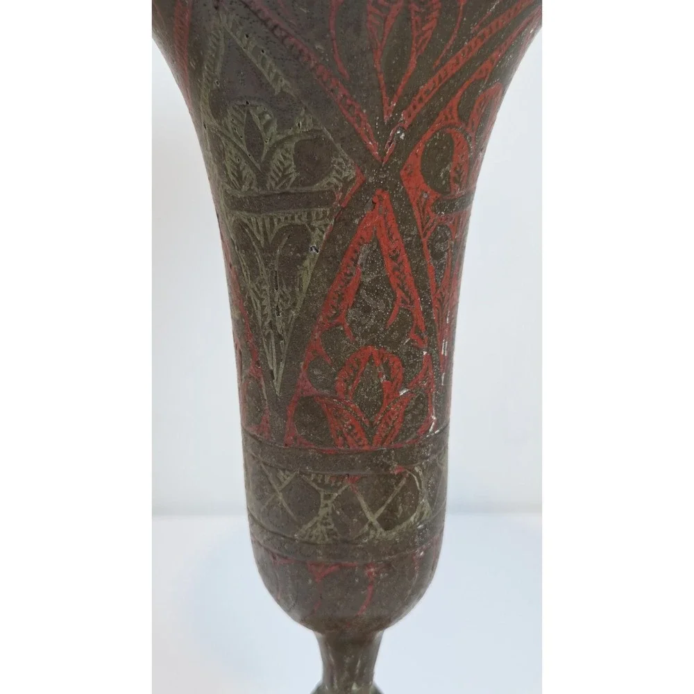 Vintage Brass Etched & Hand Painted Trumpet Styled Vase Made in‎ India